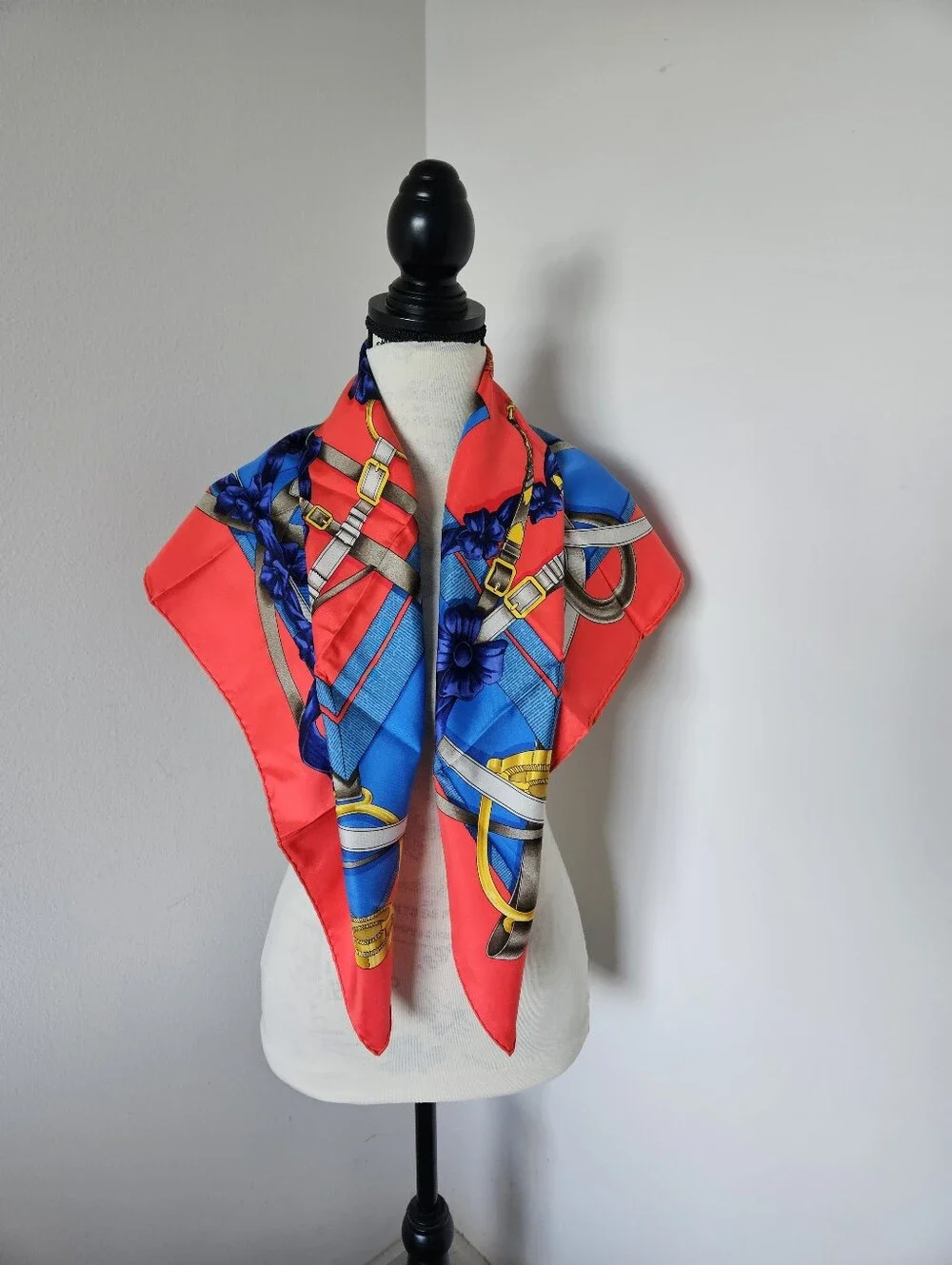 Hermes Red, Blue and Gold Equestrian Motif Silk Scarf 90X90cm  authentic